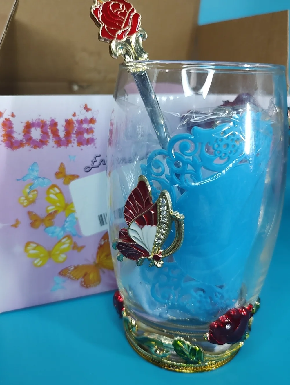 Handicraft Crystal Glass 3D Flower Tea Cup with Spoon Red Rose Accents